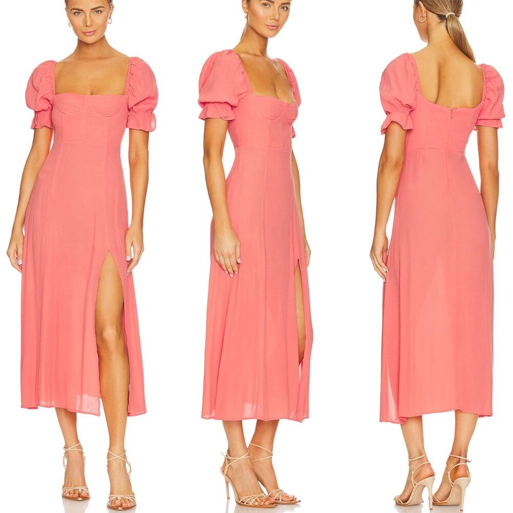 WeWoreWhat Coral Puff Sleeve Midi Dress - Corset Top Midi Dress with Side Slit